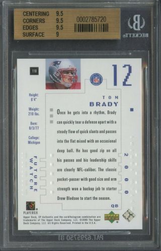2000 SP Authentic 118 Tom Brady Patriots RC Rookie /1250 BGS 9.  5 
