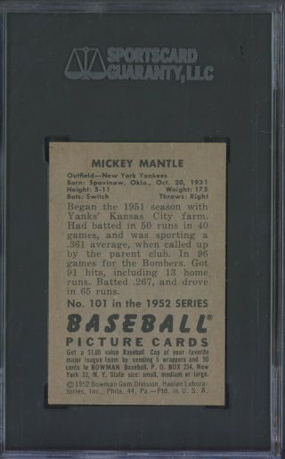 1952 Bowman 101 Mickey Mantle Yankees HOF CENTERED SGC 8.  5 