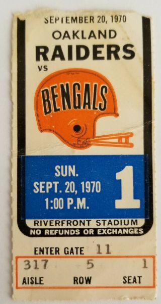 1970 Nfl Football Game Ticket Stub Cincinnati Bengals V.  Oakland Raiders