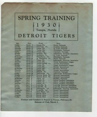 1930 Detroit Tigers Spring Training Roster Guide,  Tampa,  Florida,  Rare Paper