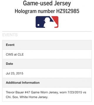 Trevor Bauer Game Jersey,  MLB Auth,  Cleveland Indians 7
