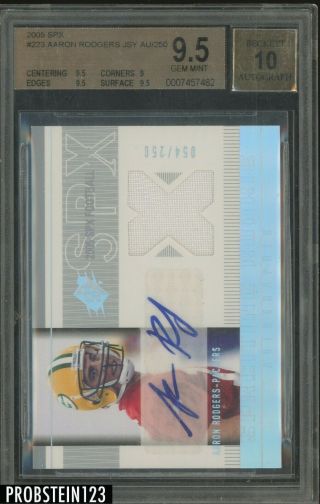2005 Spx 223 Aaron Rodgers Packers Rc Rookie Jersey Auto /250 Bgs 9.  5