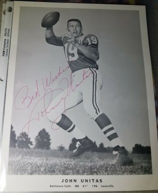 Johnny Unitas Autographed Photo With Letter Of Authenticity Certificate