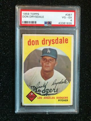 1959 Topps Don Drysdale 387 Baseball Card Los Angeles Dodgers Psa 4 Vg - Ex