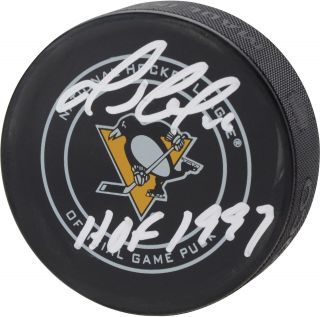 Mario Lemieux Pittsburgh Penguins Signed Official Game Puck & " Hof 1997 " Insc