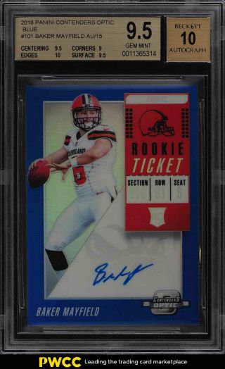 2018 Panini Contenders Optic Blue Baker Mayfield Rookie Auto /15 Bgs 9.  5 (pwcc)