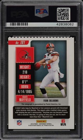 2018 Panini Contenders Ticket Stub /6 Baker Mayfield RC PSA/DNA AUTO PSA 10 PWCC 2