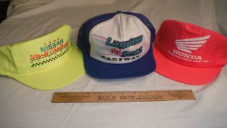 (3) Vintage Trucker Hats Honda ✔laguna Seca✔ Raceway 88 & Nissan World Challenge