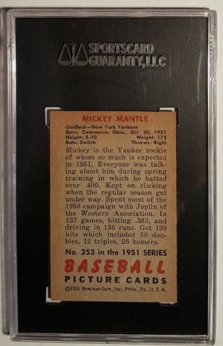 1951 Bowman 253 Mickey Mantle (R) (HOF) SGC 50 VG/EX 4,  Yankees,  Rookie,  High 2