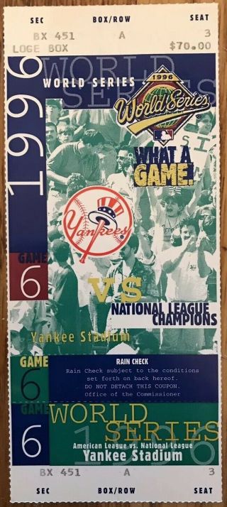 1996 World Series Game 6 Full Ticket - Ny Yankees Clincher - Derek Jeter