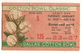 1957 Cotton Bowl Game Ticket Stub Tcu Syracuse