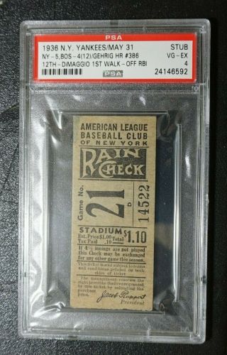 1936 May 31 Ny Yankees Ticket Stub Lou Gehrig Hr Di Maggio 1st Walk Off Rbi Psa