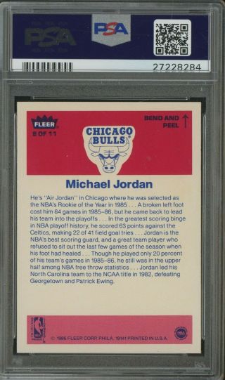 1986 Fleer Sticker 8 Michael Jordan Bulls RC HOF PSA 10 