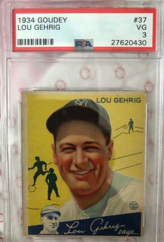 1934 Goudey 37 Lou Gehrig Hof Ny Yankee Legend Psa Vg - 3