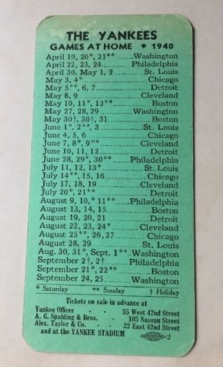 1940 York Yankees Season Complete Pocket Schedule Joe Dimaggio