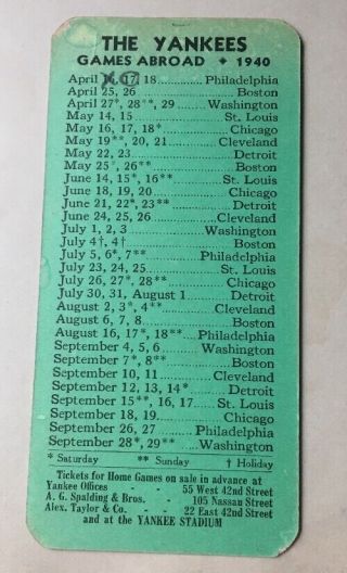 1940 YORK YANKEES Season Complete Pocket Schedule Joe DiMaggio 2