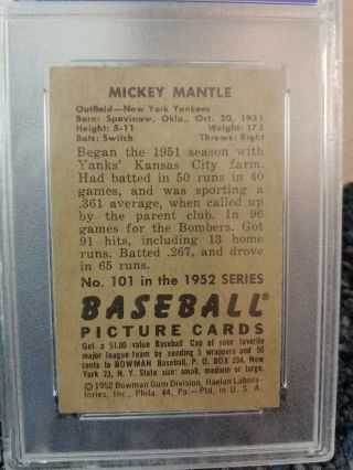 1952 Bowman Mickey Mantle 101 PSA 7 Baseball Card 5
