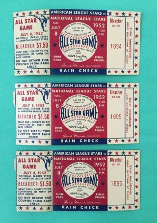 1952 Mlb All Star Game Tickets – 3 Consecutive – From A Veteran To You