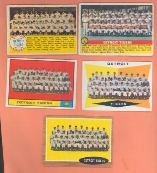 5 Topps Detroit Tigers Team Photo Baseball Cards 1956,  1957,  1960,  1961,  1962