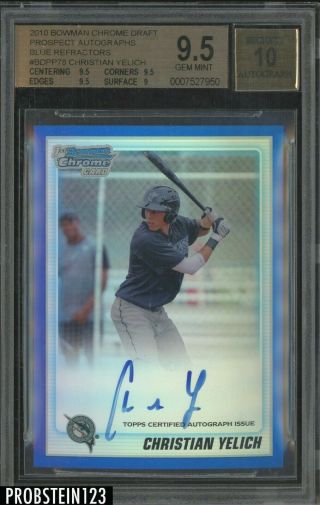 2010 Bowman Chrome Blue Refractor Christian Yelich Rc Rookie Auto /150 Bgs 9.  5