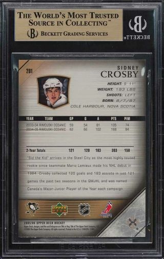 2005 Upper Deck Young Guns Sidney Crosby ROOKIE RC 201 BGS 10 PRISTINE (PWCC) 2