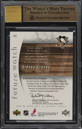 2005 SP Authentic Sidney Crosby ROOKIE RC AUTO /999 181 BGS 10 PRISTINE (PWCC) 2
