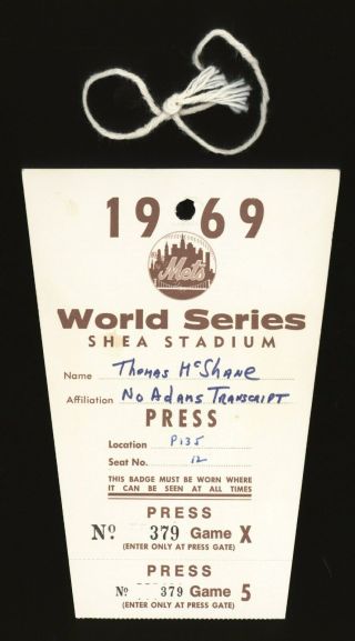 1969 Baseball World Series York Mets Shea Stadium Press Pass Ticket Stub Tag