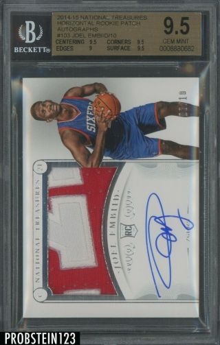 2014 - 15 National Treasures Joel Embiid 76ers Rpa Rc Patch Auto 2/10 Bgs 9.  5