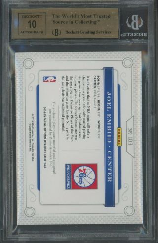 2014 - 15 National Treasures Joel Embiid 76ers RPA RC Patch AUTO 2/10 BGS 9.  5 2