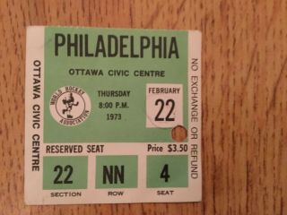 Wha Ottawa Nationals Vs Philadelphia Blazers February 22,  1973 Ticket Stub Vintag