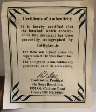 Cal Ripken Jr Autographed BaseBall With Certificate Of Authenticity 2