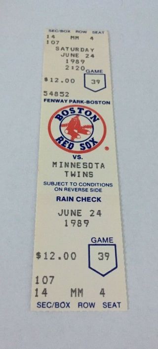 Wally Backman Hr 8 Home Run June 24 1989 6/24/89 Red Sox Twins Full Ticket