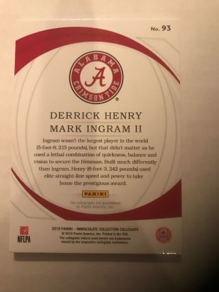 2019 Immaculate Derrick Henry And Mark Ingram Combo Ink Auto 7/25 Alabama 3