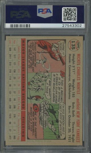 1956 Topps 135 Mickey Mantle Yankees HOF GRAY BACK PSA 8.  5 LOOKS UNDERGRADED 2