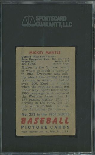 1951 Bowman 253 Mickey Mantle Yankees RC HOF CENTERED SGC 1.  5 