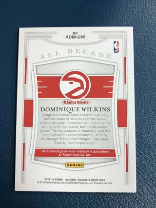 2018 - 19 National Treasures Dominique Wilkins Game 3 Color Patch /10 Hawks 2