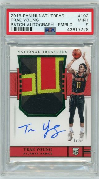 2018 - 19 National Treasures Trae Young Rookie Auto Patch Emerald 1/5 Psa 9