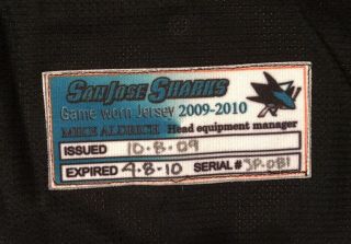 San Jose Sharks Game Worn Alternate Jersey 2009 - 10,  Joe Pavelski 3