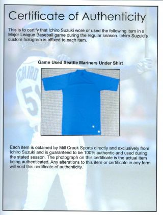 Unsigned Ichiro Suzuki Seattle Mariners Game Under Shirt IS Holo 150310 5