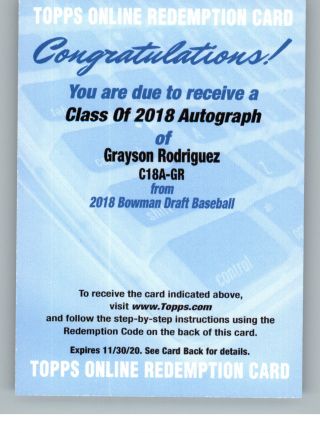 2018 Bowman Draft Chrome Class Of 18 Autograph Auto Grayson Rodriguez