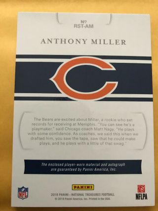 2018 National Treasures Anthony Miller RPA Rookie 3 Patch Auto RC Bears 52/99 2