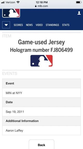 AARON LAFFEY 22 York Yankees game jersey Mariano Rivera Save 602 9/19/2011 4