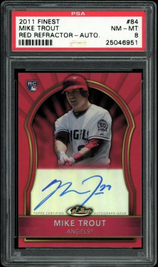 2011 Topps Finest 84 Mike Trout Rookie Red Refractor Auto 15/25 Psa 8 Nm - Mt