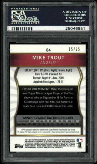 2011 Topps Finest 84 MIKE TROUT Rookie RED REFRACTOR Auto 15/25 PSA 8 NM - MT 2