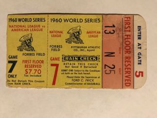 1960 World Series Game 7 Ticket Stub Yankees Pirates Bill Mazeroski Walk - Off Hr
