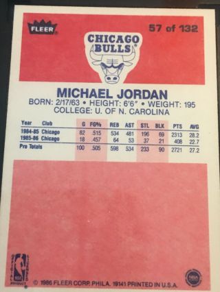 MICHAEL JORDAN 1986/87 FLEER 57 RC ROOKIE CARD CHICAGO BULLS SGC 6.  5 NM 4