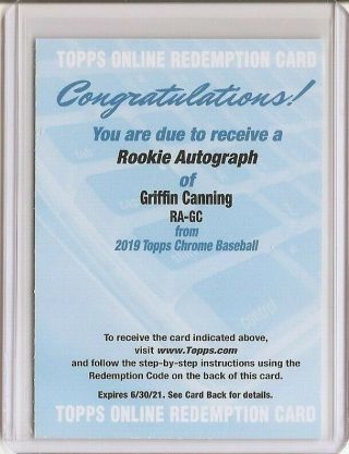 2019 Griffin Canning Topps Chrome Rookie Rc Auto Unscratched Redemption