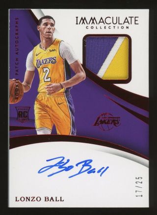 2017 - 18 Immacualte Red Lonzo Ball Lakers Rpa Rc 3 - Color Patch Auto 17/25