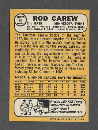 1968 Topps 80 Rod Carew Minnesota Twins HOF Second Year Card 2