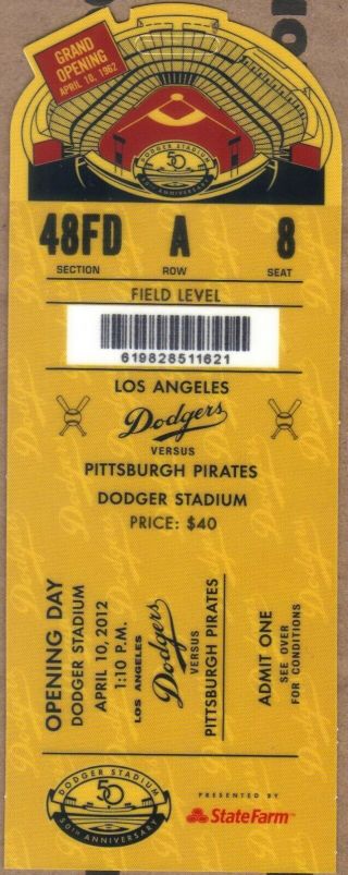 Opening Day Los Angeles Dodgers 4/10/12 2012 Ticket Stub Mlb Rare